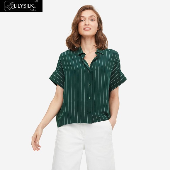 LILYSILK Tops Lilysilk 0 Mulberry Silk Shirt With Collar Forest Green Pinstripe Small Poshmark